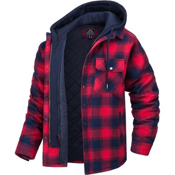 Jacket with Removable Hood 5 Pockets Plaid Quilted Winter Coats Thick Hoodie